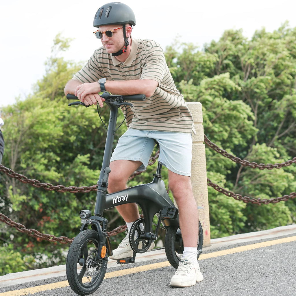 mini foldable electric bicycle Hiboy C1 Folding Electric Bike with 14inch Pneumatic Tire, 648W Peak Power up to 43.5 Miles, Black