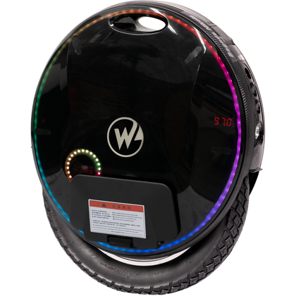 black begode nikola ar+ electric unicycle with rainbow rim closeup shot